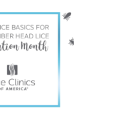 Head lice basics for September head lice prevention month with lice clinics logo below it with white background and blue outline and 3 louse crawling around boarder